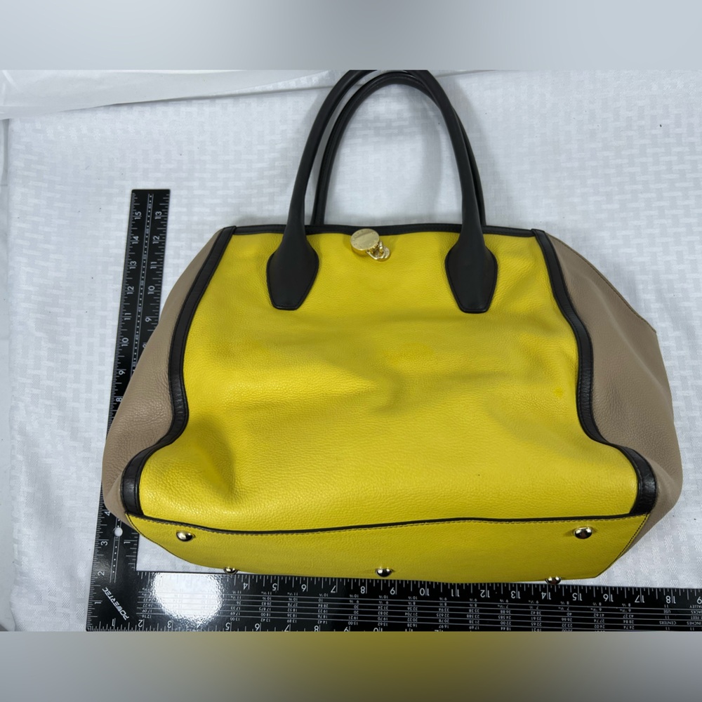 4113: Furla Colorblock Pebbled Leather Tote Bag Yellow Beige Black Made in Italy - Picture 12 of 13